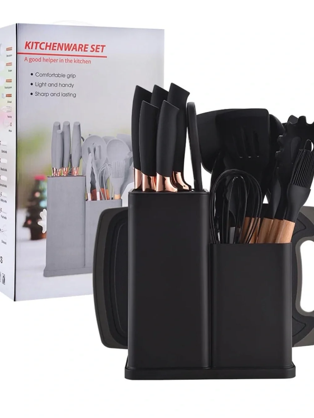 Kitchenware Set 18-Piece Black and Rose Gold Knife & Utensil Organizer